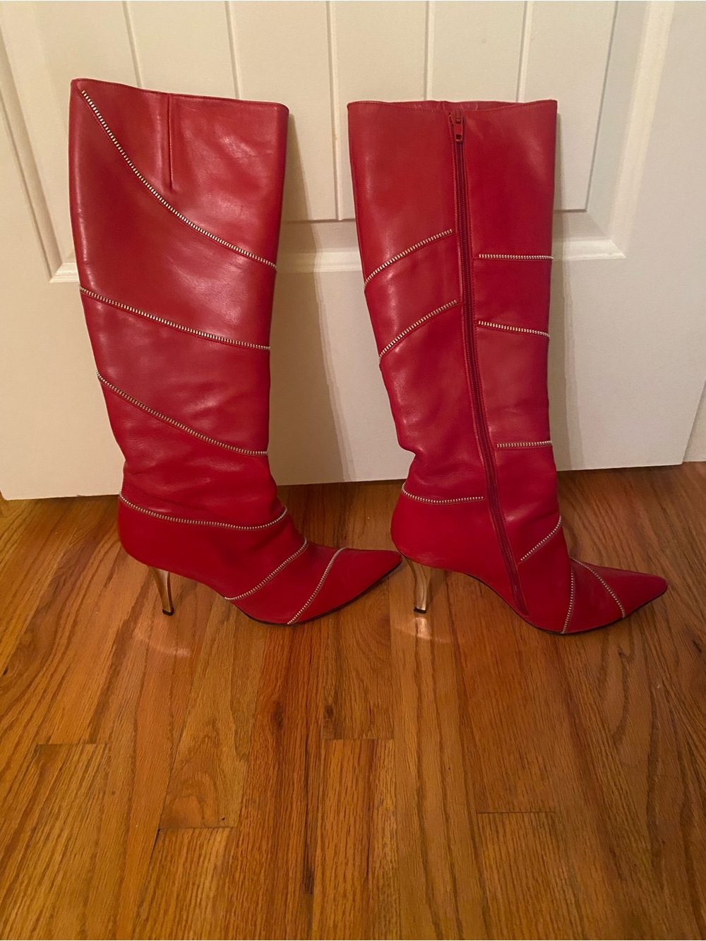 COX Red zipper detail heeled boots calf skin leather Italy size 39.5 EU 9 US